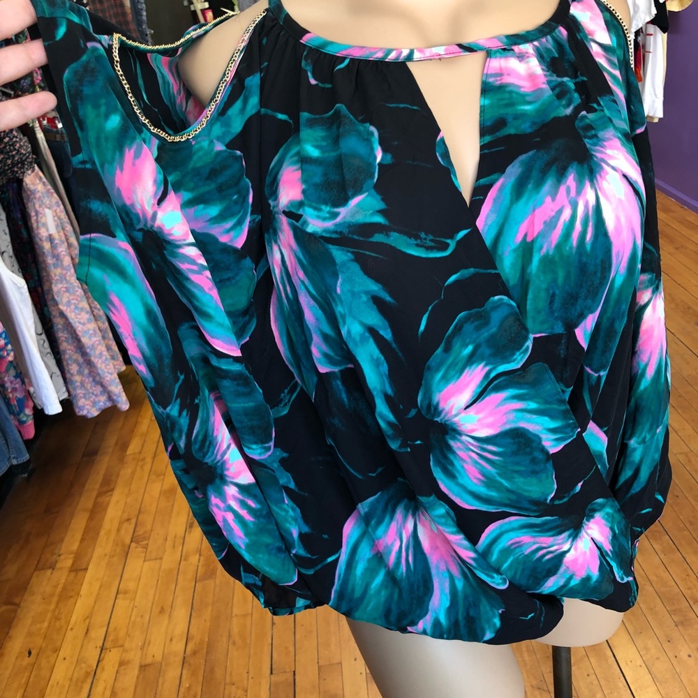 Tropical Print Cold Shoulder Blouse